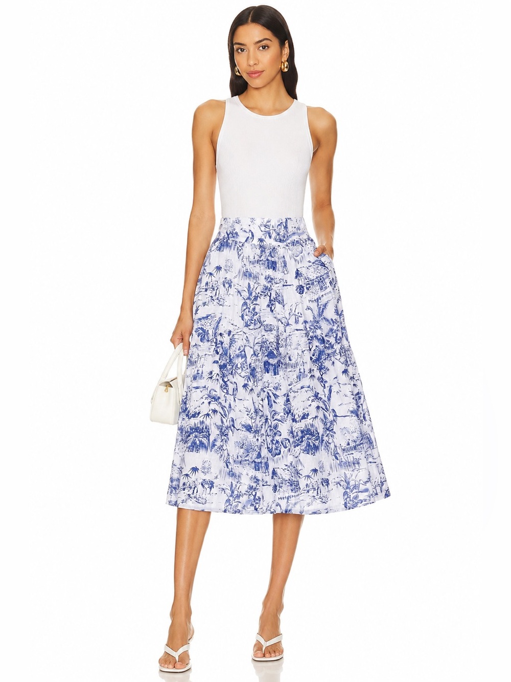 Joie  linen White and Blue Toile Midi Skirt